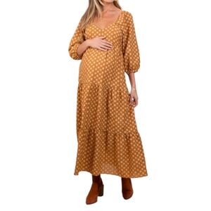 BaeVely Dark Yellow Floral Long Sleeve Tiered Maternity Maxi Dress Large